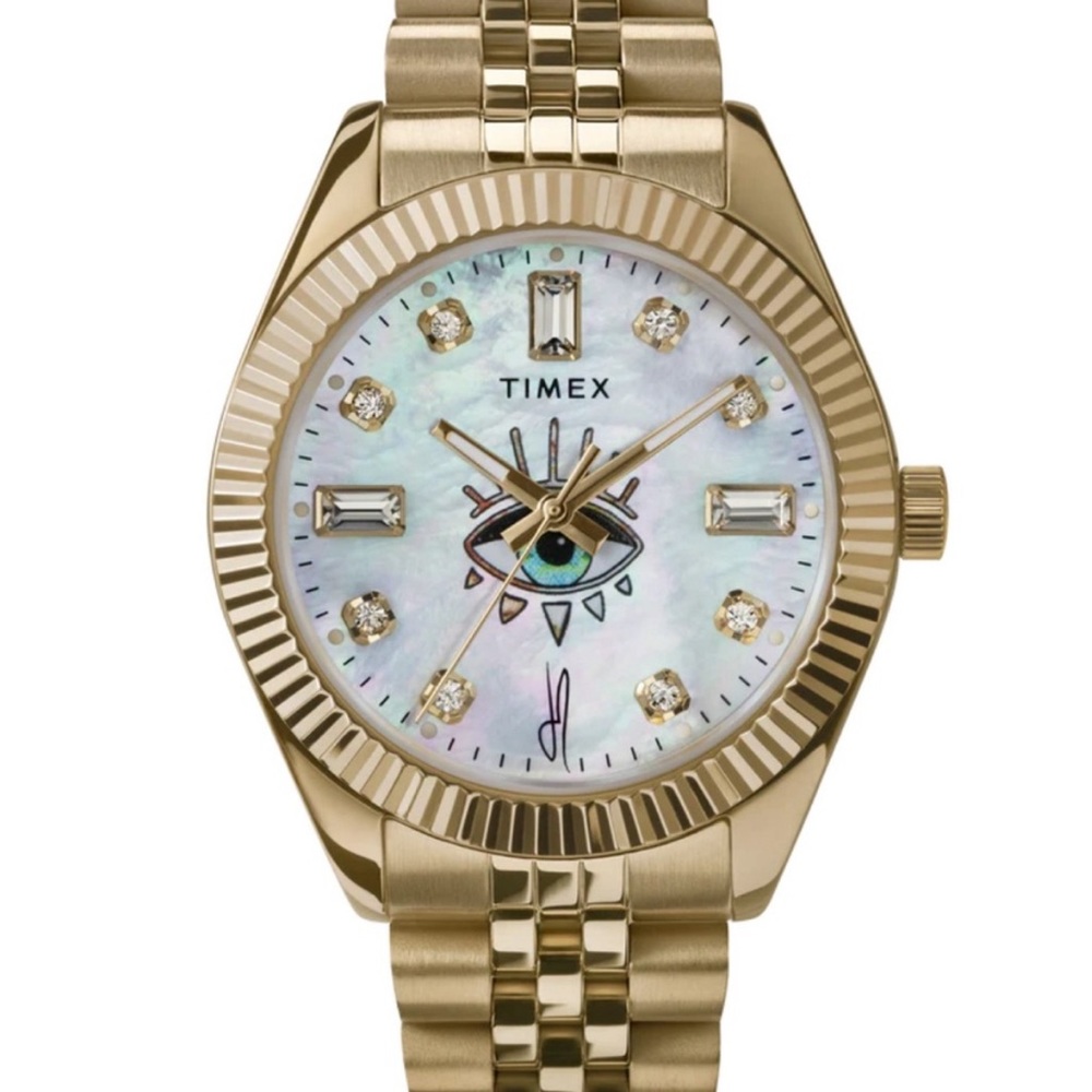 BNIB Timex x Jacquie Aiche 36mm Mother of Pearl Evil Eye Bracelet Watch